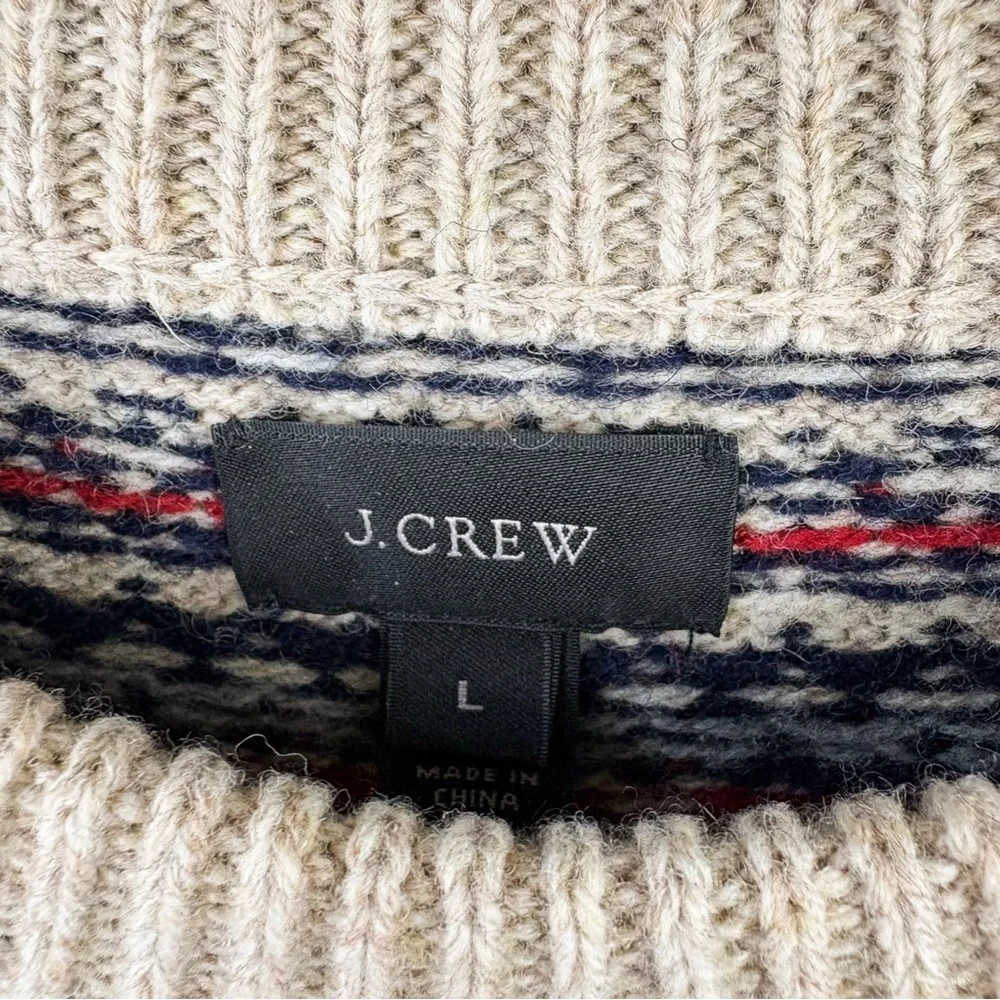 J. Crew 100% Lambswool Wool Fair Isle Crew Neck Sweater Tan Navy Red Mens Large